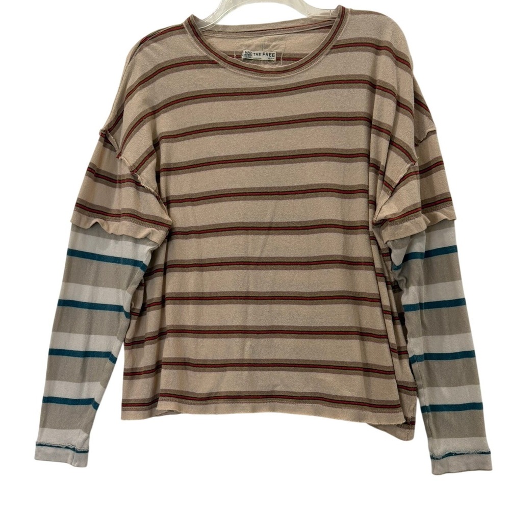 We The Free People Striped Layered Long Sleeve Tee 100% Cotton Beige Size XS